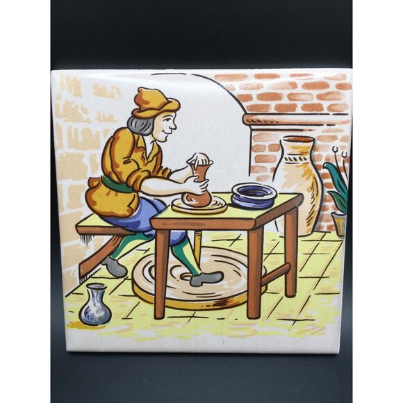 Vintage European Folk Art Tile Wall Plaque Hand Painted Home Decor 4.5''x4.5'' - Picture 8 of 11